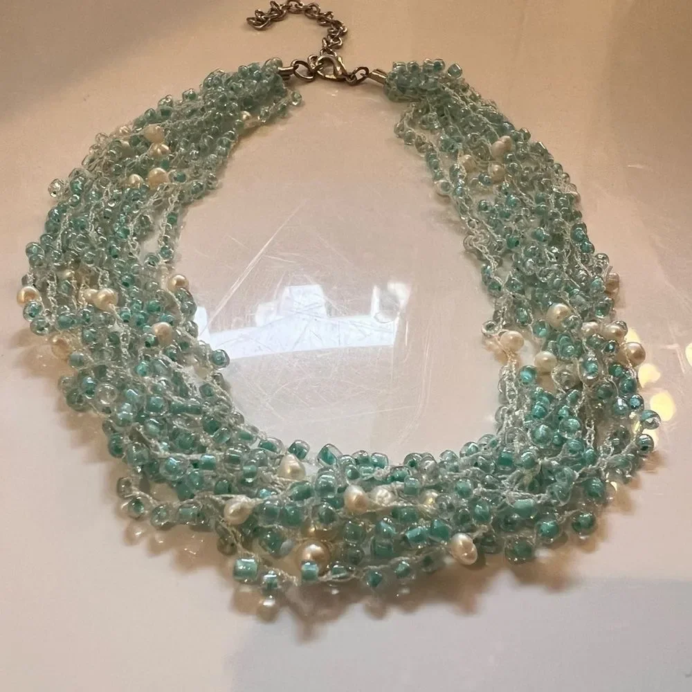 Vintage‎ Aqua Glass & Pearl Multi-Strand Necklace Boho Beachy Layered